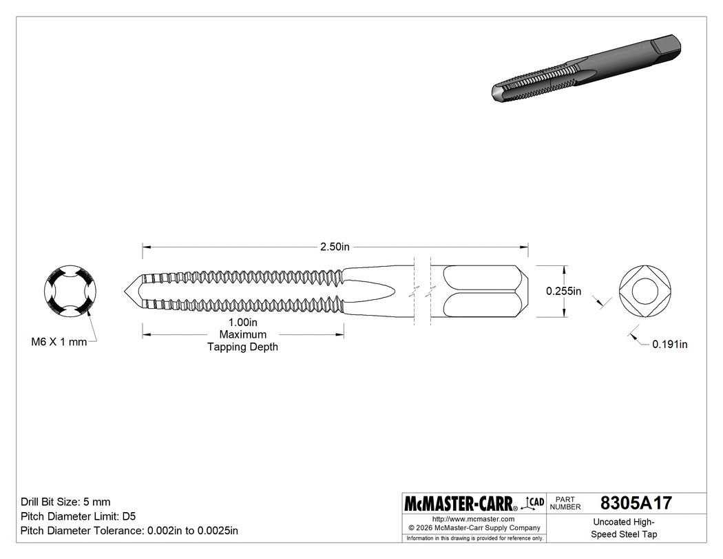 Technical Drawing of Uncoated High-Speed Steel Tap, Taper Chamfer, M6 x 1 mm Thread, 1" Thread Length.